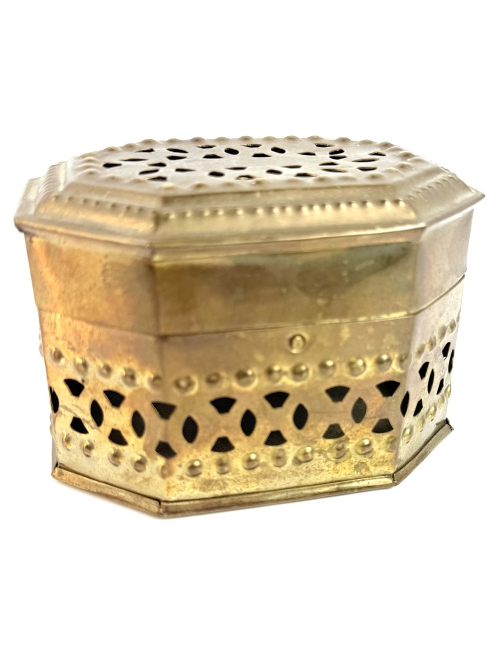 Vintage Handcrafted openwork brass incense box made in India Patina